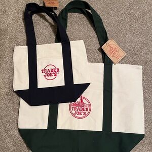 Trader Joe's Canvas Tote Bags Set Navy Blue Green Mini Full size
